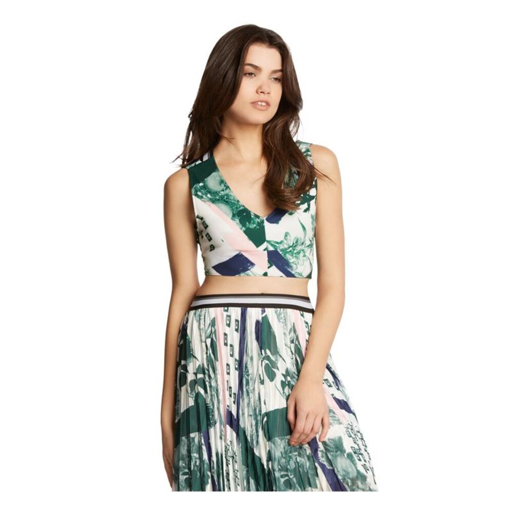 KIIND OF Womens Green Stretch Printed Sleeveless V Neck Crop Top XL